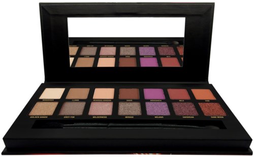 Eine schwarze Makeup-Palette mit 12 bunten Lidschatten und Spiegel im Deckel.
