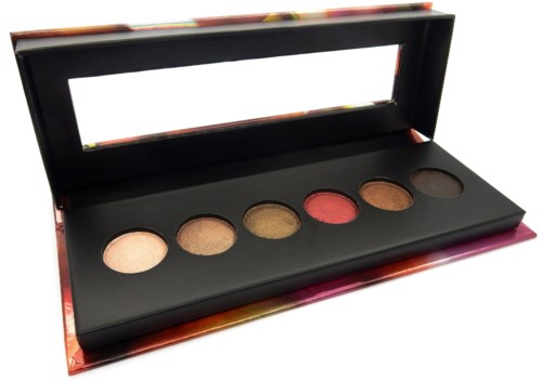 En makeup-palett med sex olika ögonskuggor i ett svart fodral med spegel.