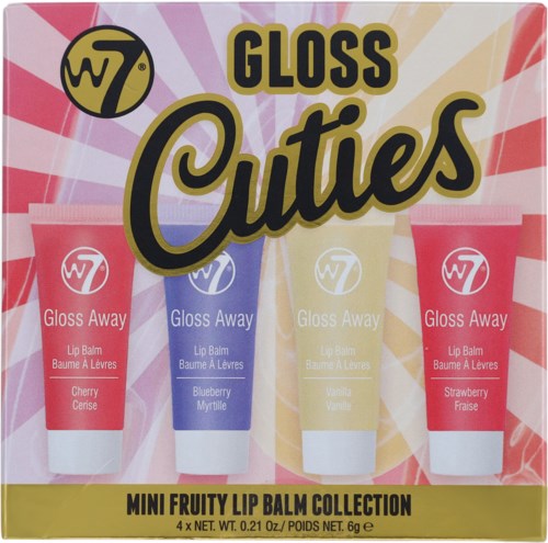Fyra små läppbalsamtuber i smakerna körsbär, blåbär, vanilj och jordgubb från Gloss Cuties-kollektionen.