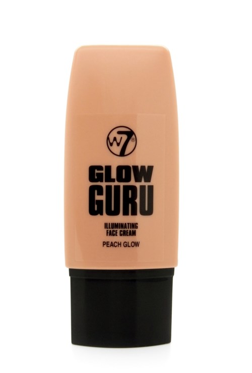 Peach-colored face cream in a tube labeled 'Glow Guru, illuminating face cream, peach glow.'