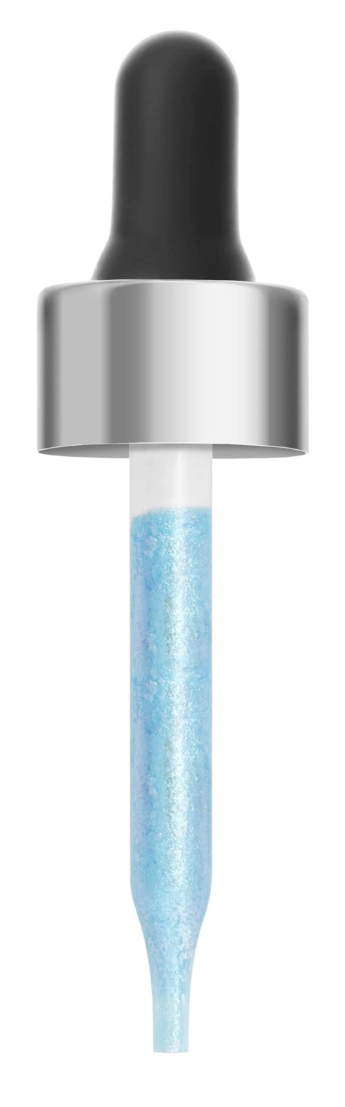Een pipet met een zilveren dop, zwarte rubberen bovenkant en blauwe vloeistof.