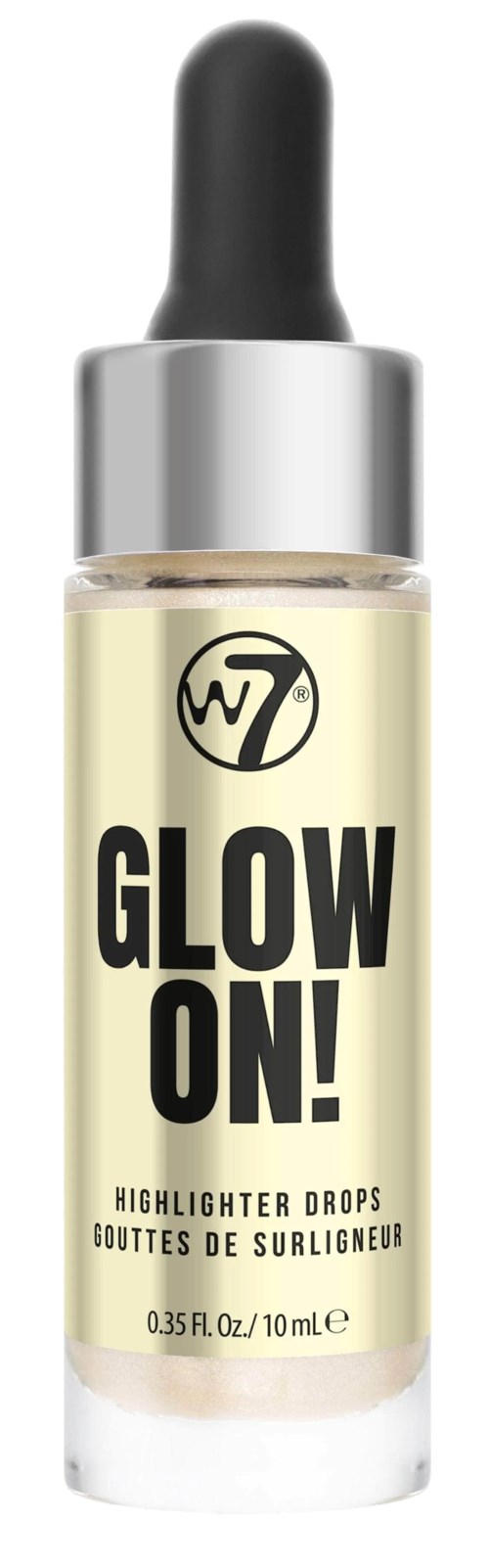 Mała butelka z rozświetlającymi kroplami i pipetą, oznaczona 'GLOW ON!'.