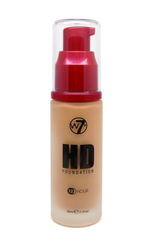 Flasche mit Flüssigfoundation, roter Pumpe und transparentem Deckel, gekennzeichnet HD Foundation 12 Hour, 30ml.