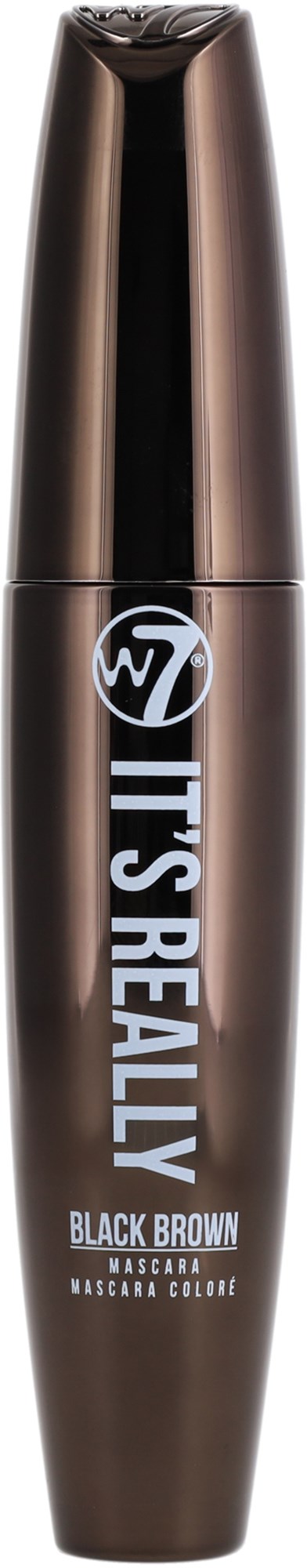 En mascara rör med etiketten It's Really Black Brown, med en snygg svart och brun design och en blank topp.
