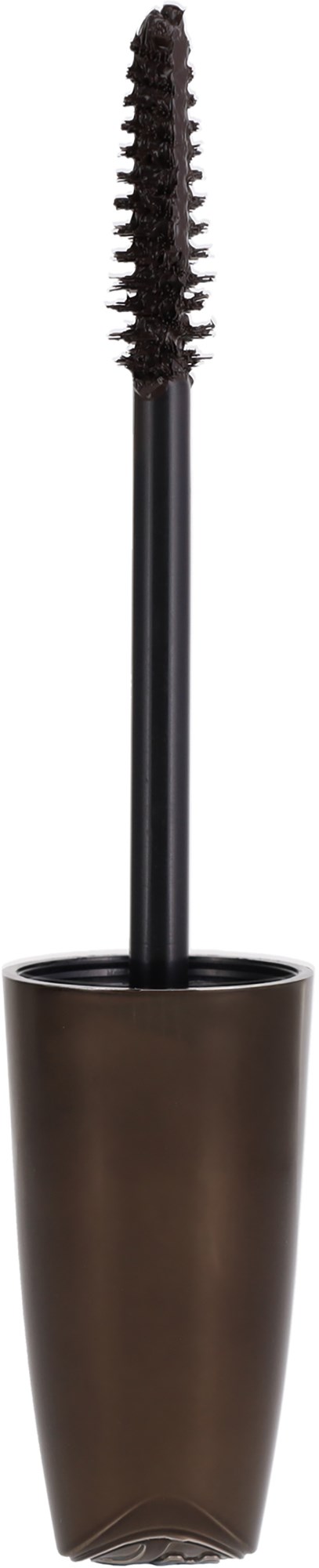 En mascara-rör med borsten utsträckt som visar svart mascara och ett brunt fodral.