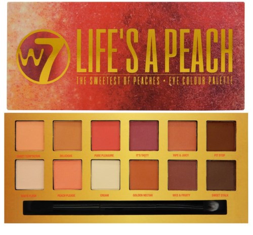 An eyeshadow palette with peachy and brown shades, labeled with fun names, and a colorful box cover with the title.