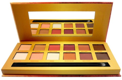 A colorful eyeshadow palette with 18 shades, includes a mirror and a black applicator. Gold case with red border.