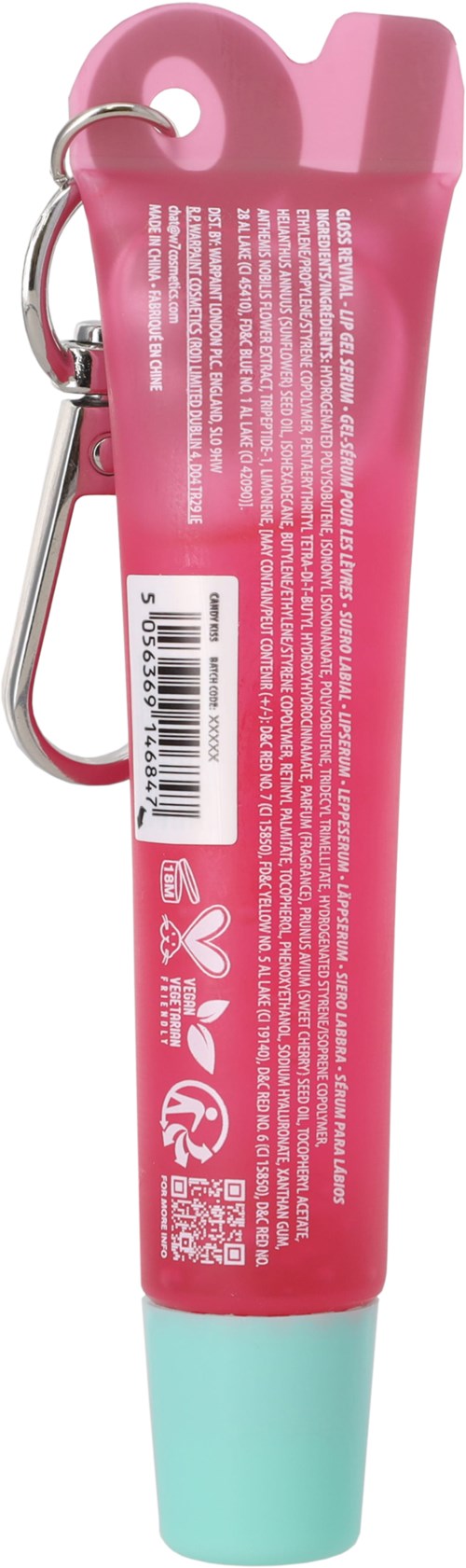 Een roze tube met een lichtblauwe dop en een metalen sleutelhanger aan de zijkant.
