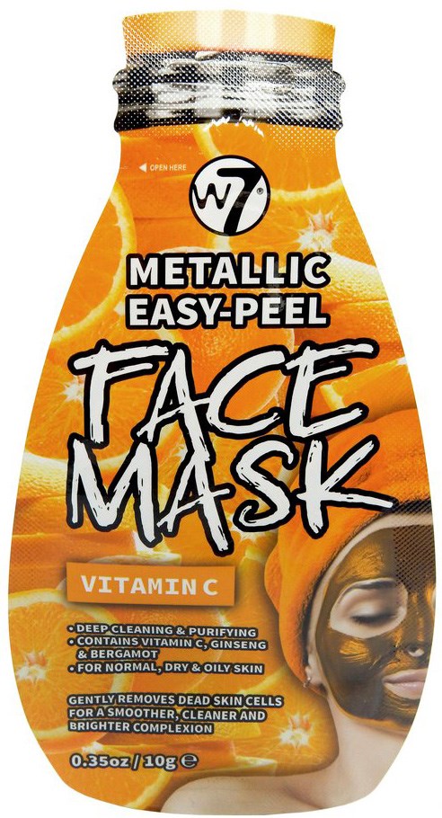 Oransje ansiktsmaskeflaske merket 'Metallic Easy-Peel'. Inneholder vitamin C, ginseng, bergamot for hudpleie. Bilde av et smilende ansikt.