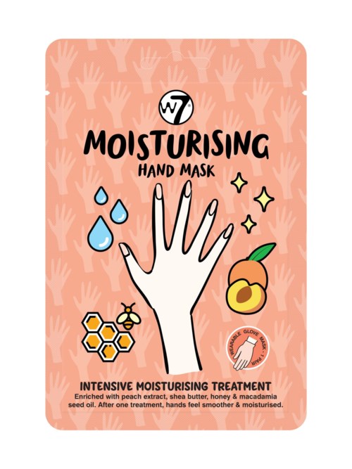 En handmaskpaket med illustrationer av persika och honung, visar en hand, droppar, bin och en persika.