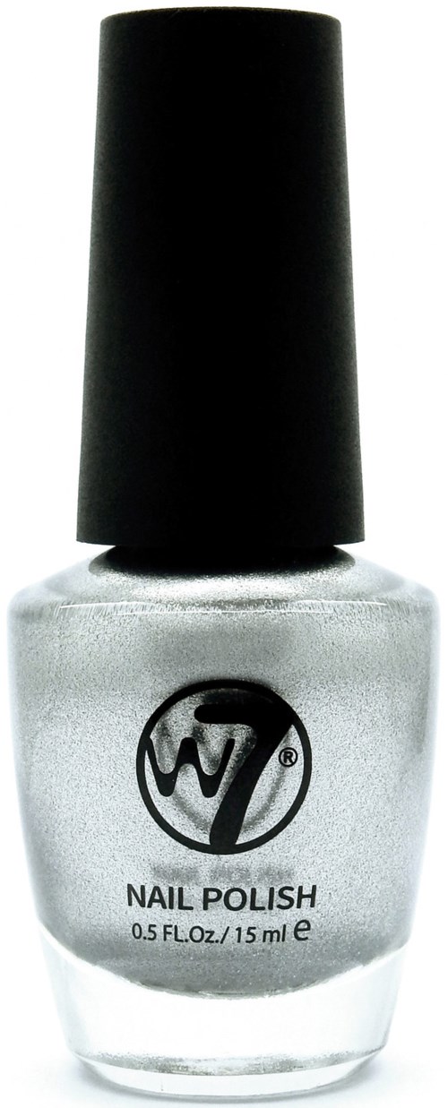 Srebrna butelka lakieru do paznokci z czarnym paskiem, oznaczona 'Nail Polish' i logo, na białym tle.
