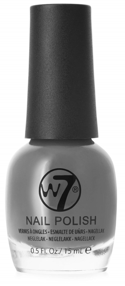 A white nail polish bottle with a black cap and the W7 logo on it, labeled 'Nail Polish' and 0.5 fl oz.