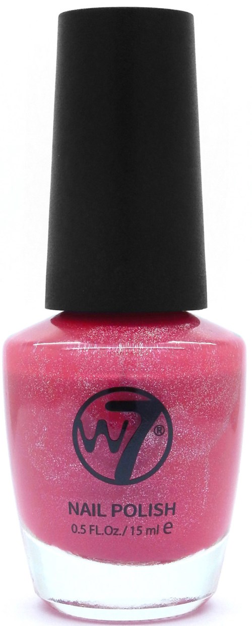 Różowa butelka lakieru do paznokci z czarnym korkiem i logo, oznaczona 'Nail Polish,' 15 ml.