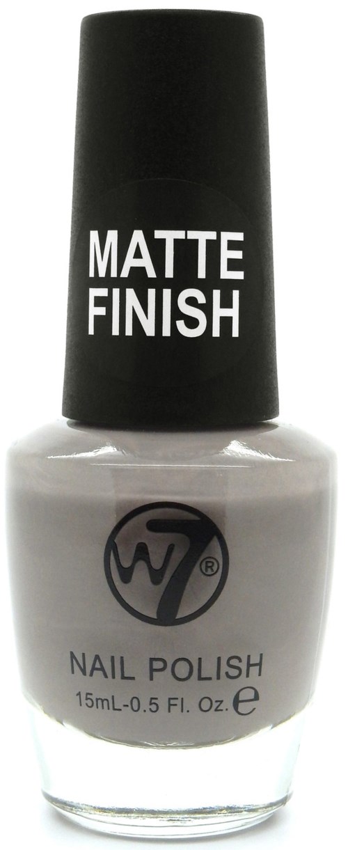 En vit nagellackflaska med svart lock, märkt 'MATTE FINISH' och 'NAIL POLISH' på framsidan.