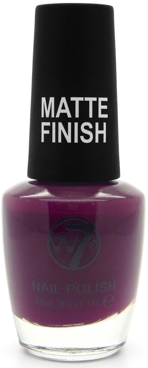 Lila nagellack i en flaska med svart lock, märkt 'MATTE FINISH'.