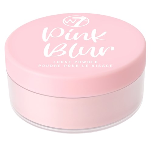 Ronde roze container met label "Pink Blur" voor gezichtspoeder met witte dop.