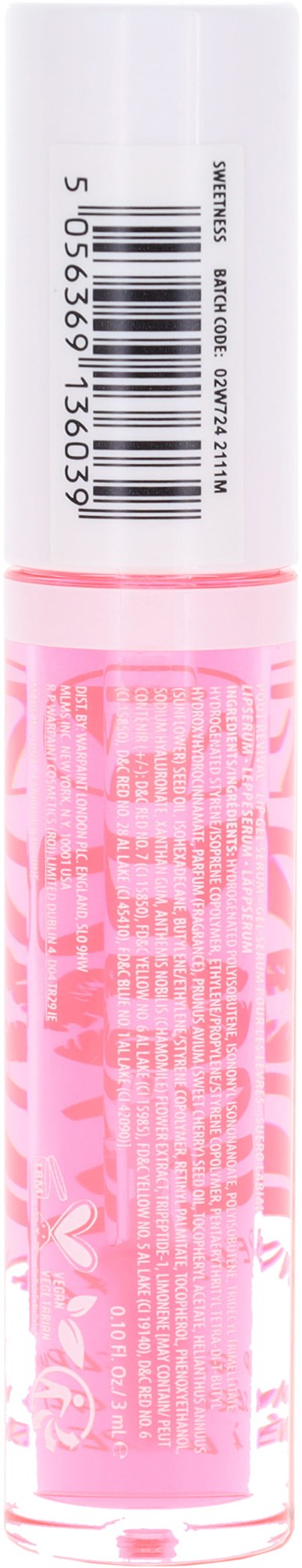 Een lipglosshuls met witte en roze ontwerp, barcode en tekst op de verpakking.