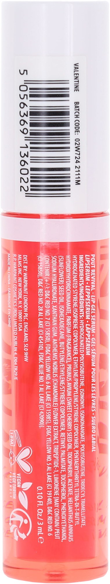 A tube with a white cap and pink body, barcode visible on the top, and text on the lower part.