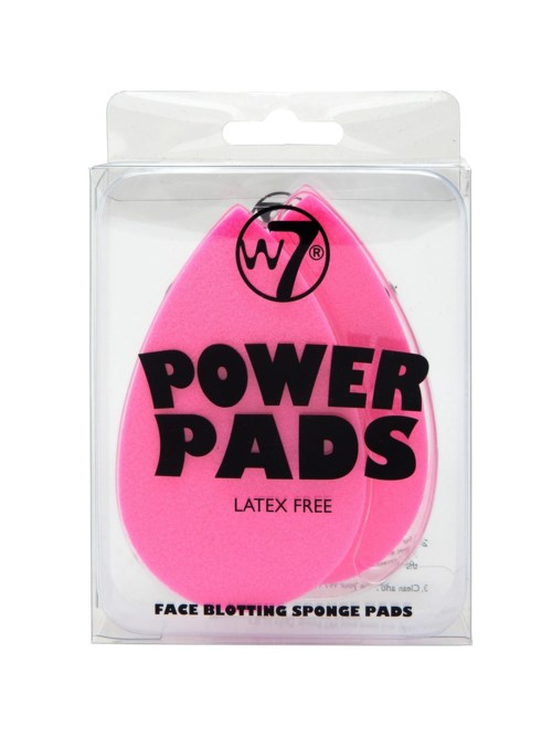 Rosa svampdukar märkta 'Power Pads' för ansiktet, latexfria, i genomskinlig förpackning.