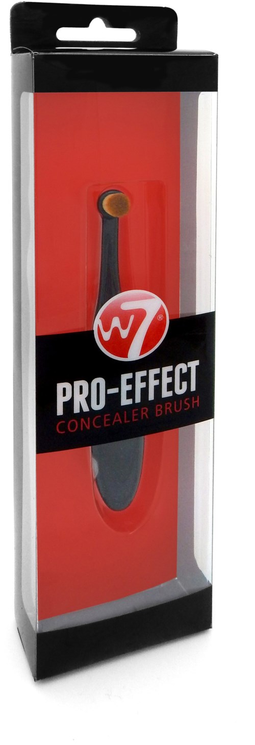 En concealerborste i ett förpackning med svart, rött och vitt. Borsten har ett litet, runt huvud.