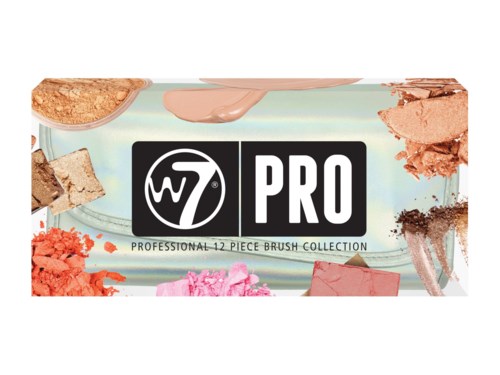 Förpackning med professionella sminkborstar och färgglada puder- och krämprover för sminkblandning.