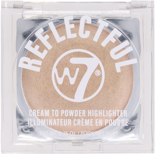 A compact powder highlighter called Reflect, with white text on clear plastic showing product details.