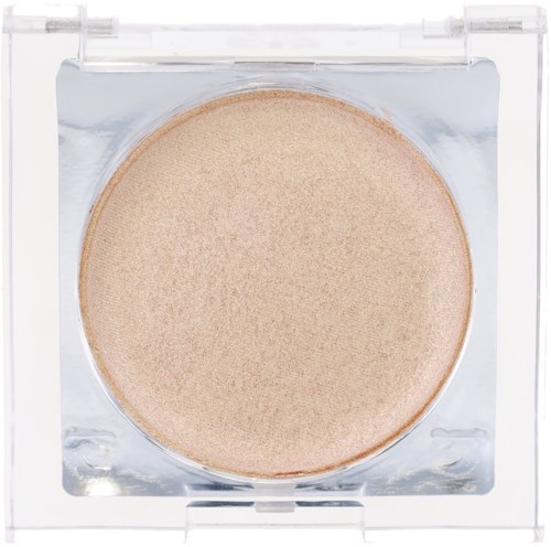A round beige powder inside a clear plastic compact with a transparent lid.