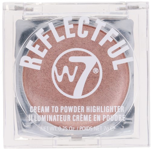 A circular blush compact with the brand name RefectuL and W7 logo, labeled as a powder highlighter.