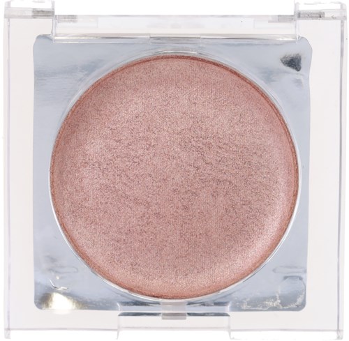 A round pink blush inside a clear square compact case. The surface appears smooth and shiny.