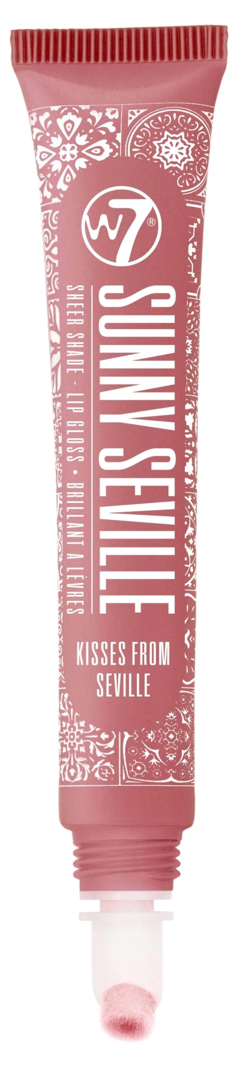 Rosa tunn med vita blommönster, står 'Sunny Settle' och 'Kisses from Seville'.