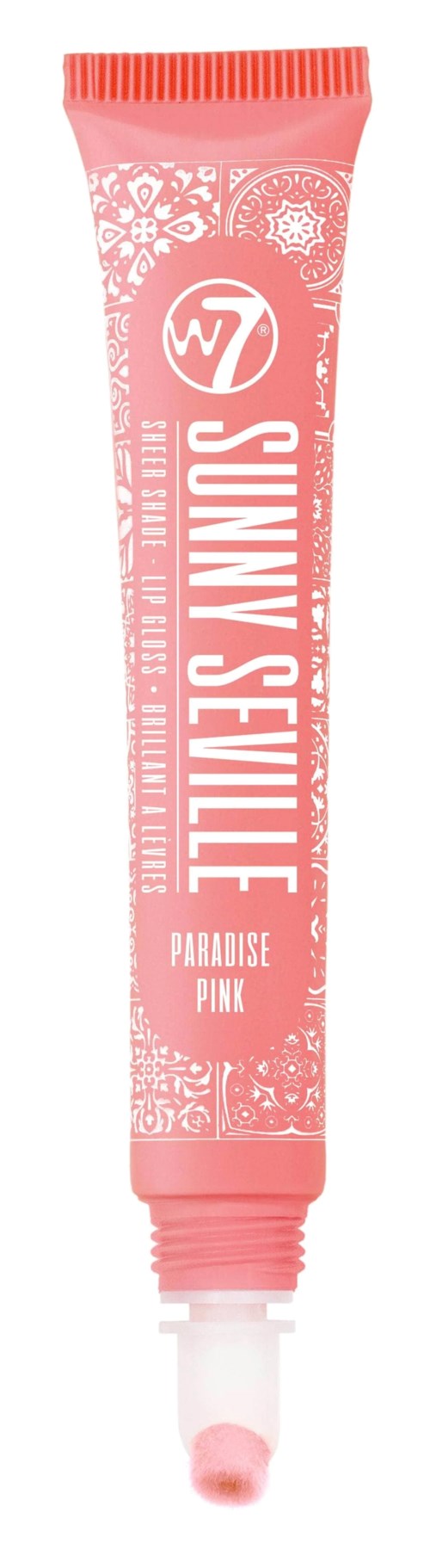 Ett rosa läppstift med blommiga och dekorativa mönster samt orden "Sunny's Seville Paradise Pink."