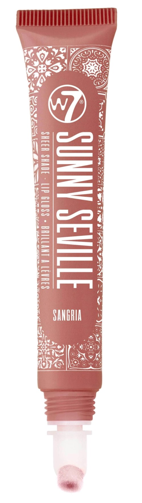 En rosa tub med vita dekorativa mönster, 'Sunny Sevilla' skrivet vertikalt och 'Sangria' längst ner.