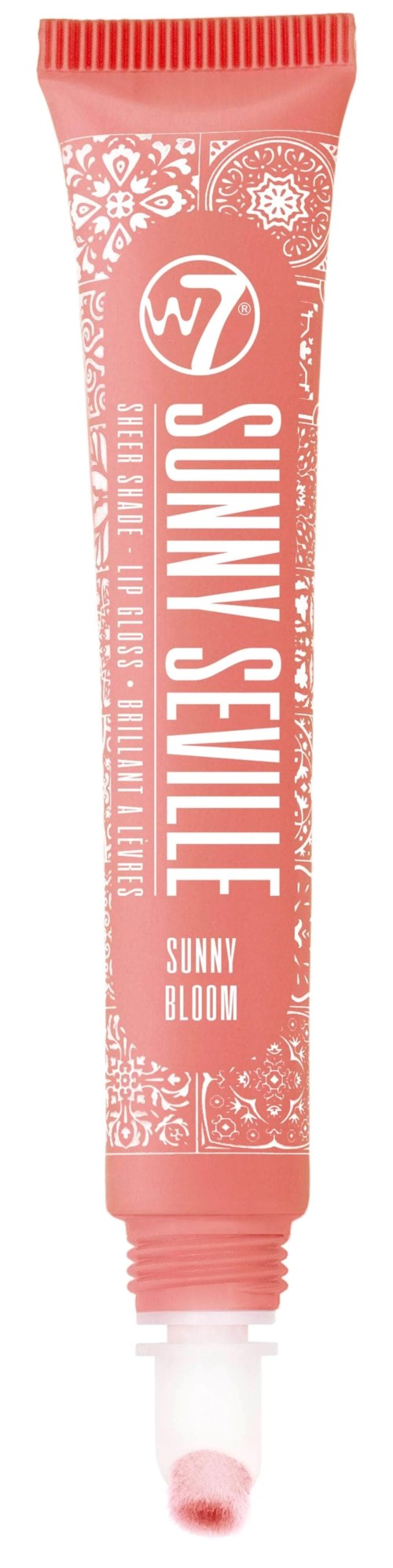 En peachfärgad tub med vitt text och mönster, märkt 'Sunny Seville' och 'Sunny Bloom', har en liten vit kork.