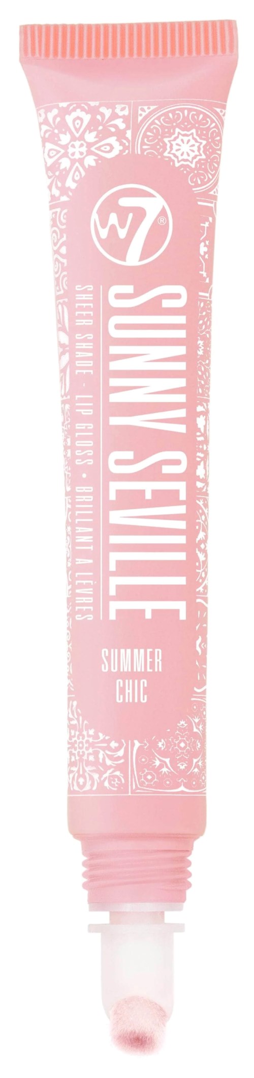 Rosa tub med vitt text som säger 'Sunny Seville Summer Chic' och har dekorativa mönster. Det ser ut som en kosmetisk produkt.