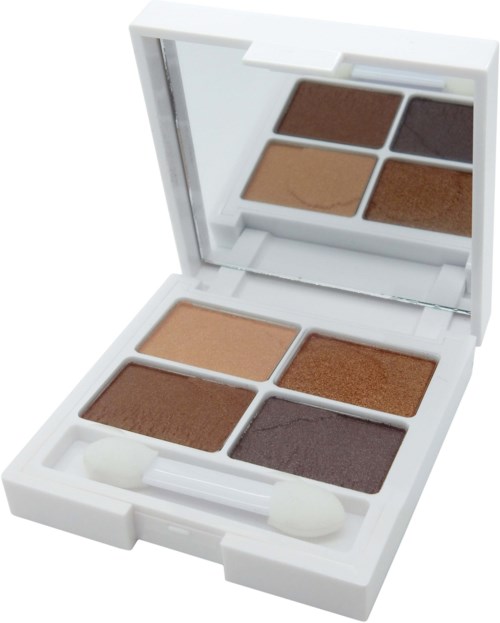 En vit makeup-palett med fyra ögonskuggor i bruna och beige nyanser, med en spegel inuti locket.