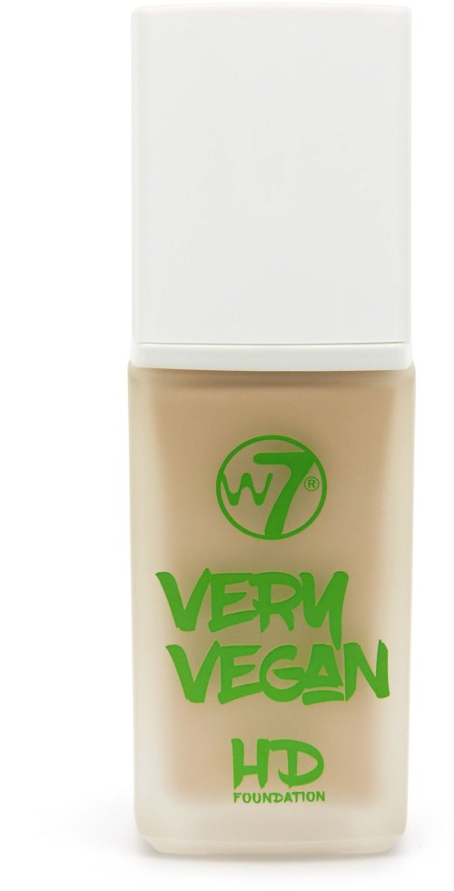 A bottle of foundation labeled 'Very Vegan HD' with a white cap and beige liquid inside.