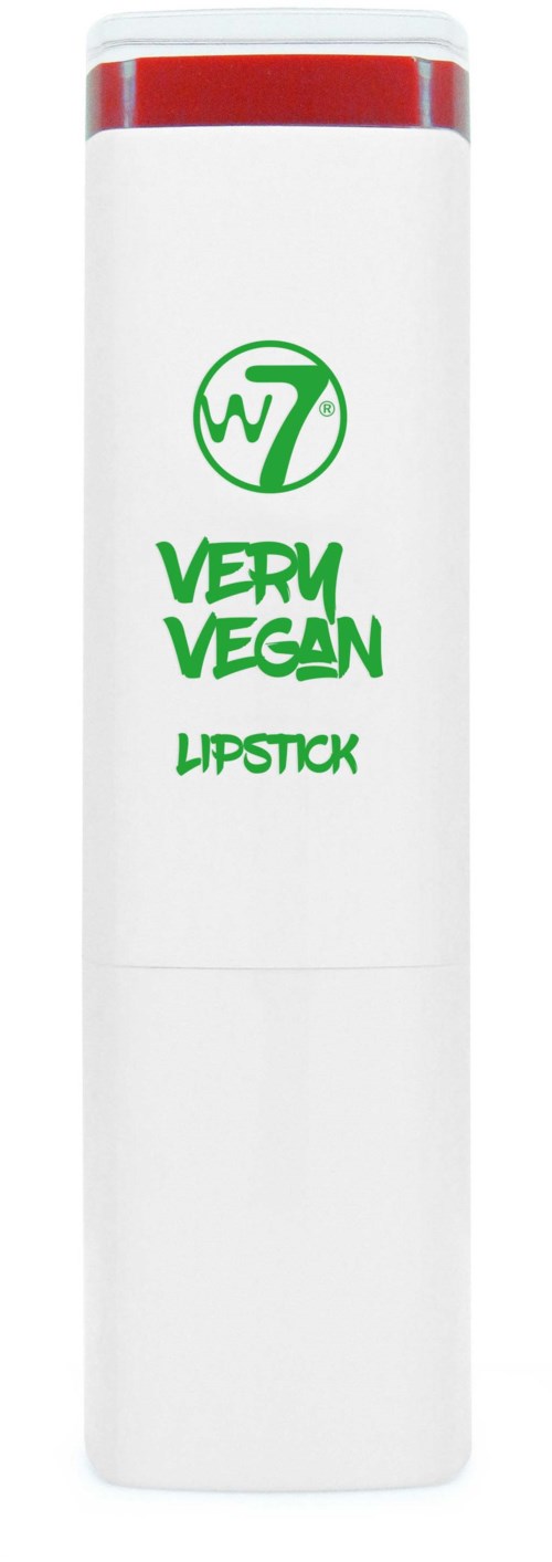 En hvid læbestiftsrør med rød top, grøn tekst siger "Very Vegan Lipstick," og en grøn logo over.