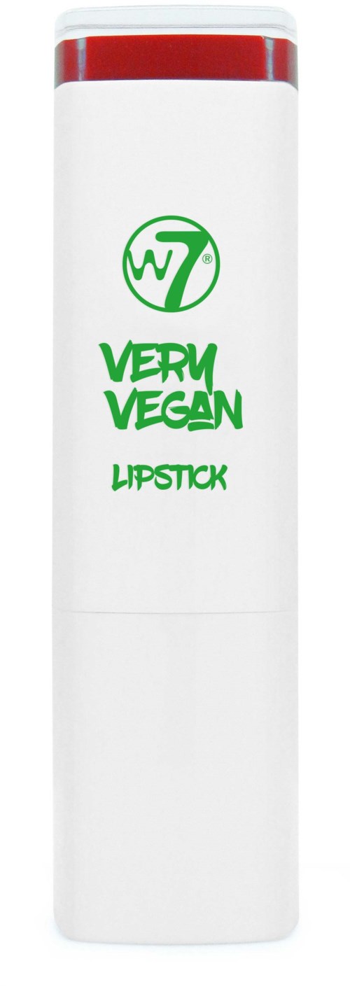 En vit läppstiftstift med grön text som säger "Very Vegan" och en logga med en stiliserad "W" och "V."