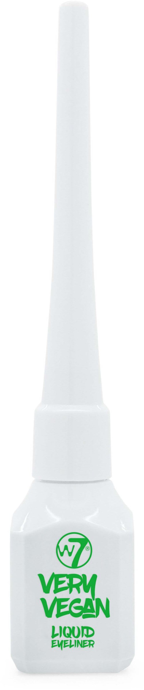 En liten vit flaska märkt "Very Vegan Liquid Eyeliner" med en lång, tunn borste.