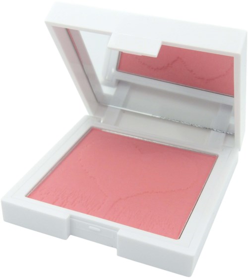 A pink blush in a white case with a mirror inside the lid.