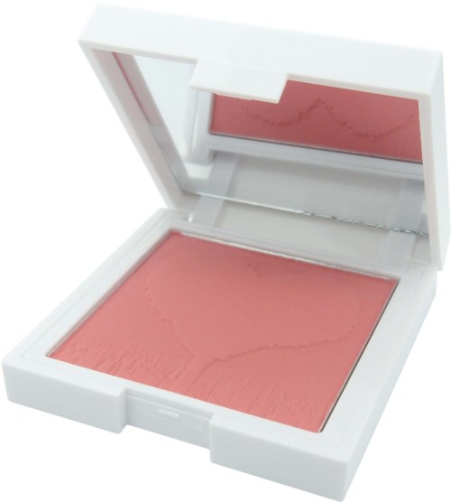A compact with pink blush inside and a mirror on the lid.