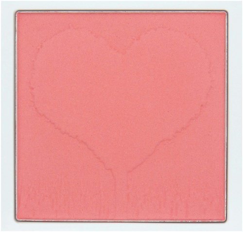 A square pink blush with a heart outline in the center. Simple makeup product design.