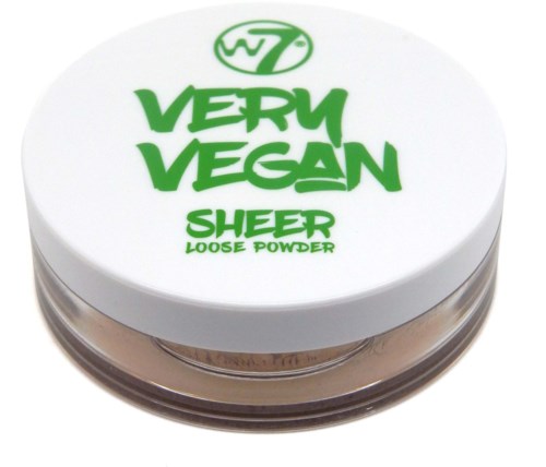 A round container with a white lid, green text says 'Very Vegan Sheer Loose Powder' and a logo on top.