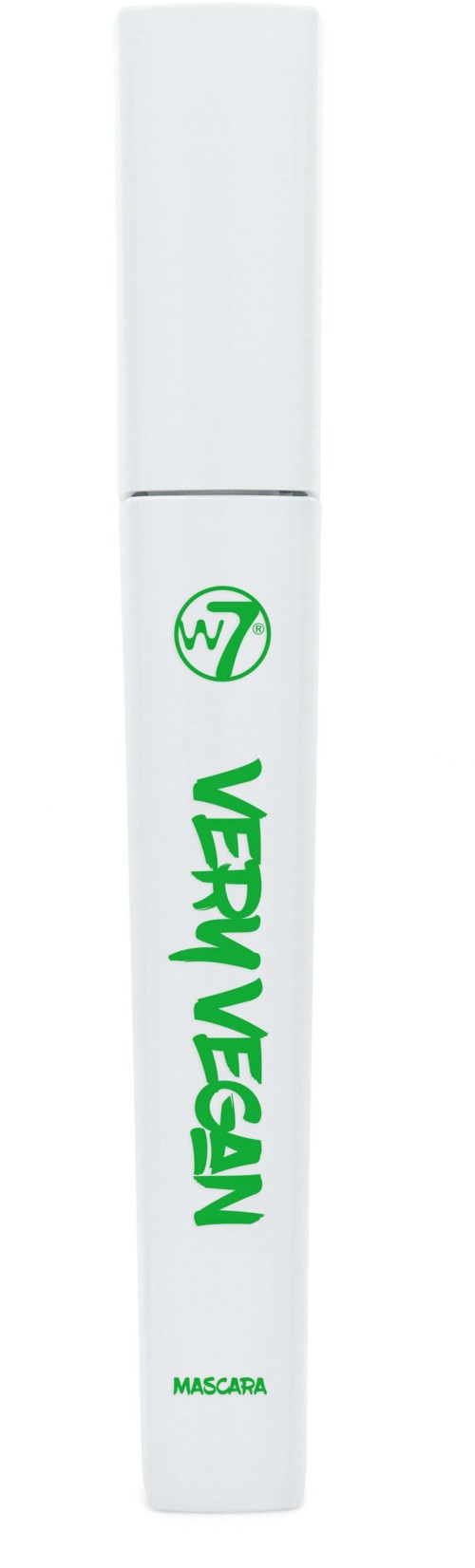 En vit mascara-rör med grön text som säger "Vegan" och en logga ovanför. Tydlig och enkel design.