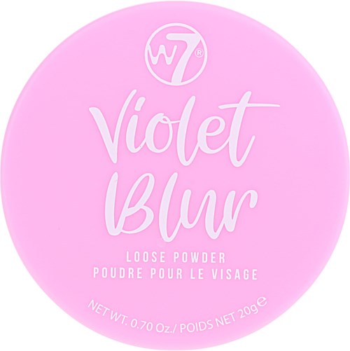Ronde roze container met label voor violet blush gezichtspoeder, bevat productnaam, gewicht en merklogo.