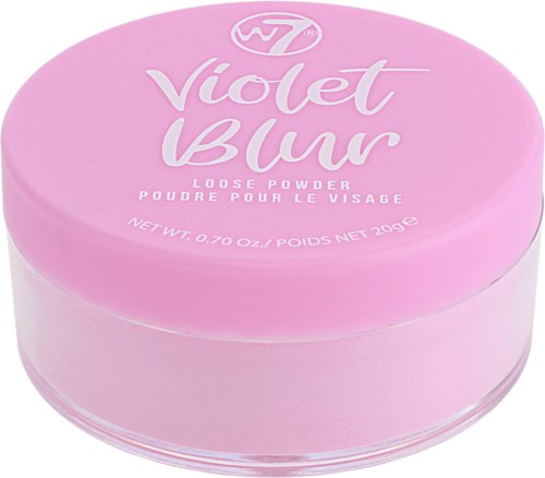 Een roze ronde container met violet kleurige losse gezichtspoeder en logo.