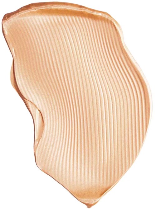 A beige makeup foundation swatch with parallel lines, irregular shape, and subtle shine.