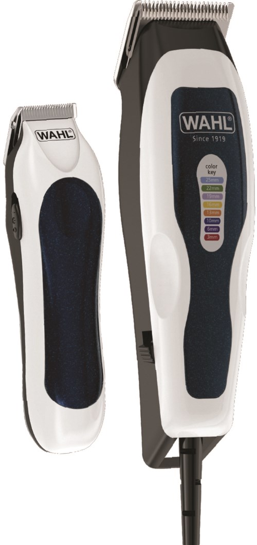 Två Wahl hårklippare, en stor och en liten, med färgkodade inställningar och svartvitt design.