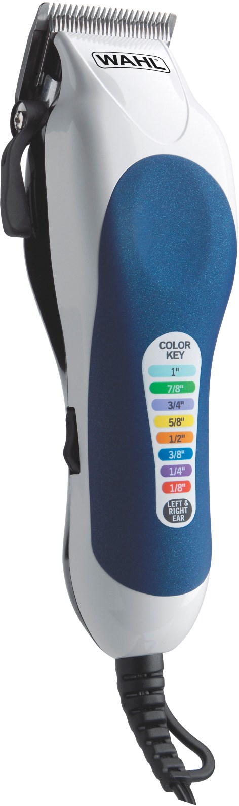 A white hair clipper with a blue grip and colorful button labels, brand name 'Wahl' at the top.