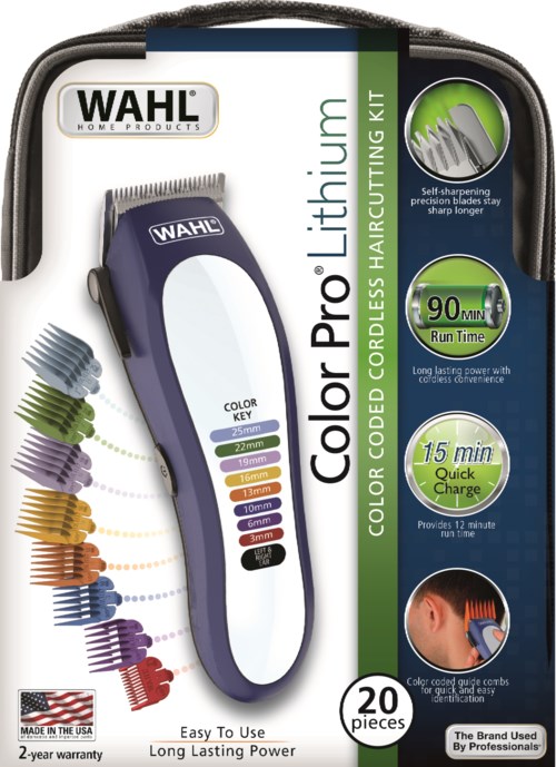 A Wahl hair clipper kit with multiple color-coded guide combs, a trimmer, and labels for features like fast charging.